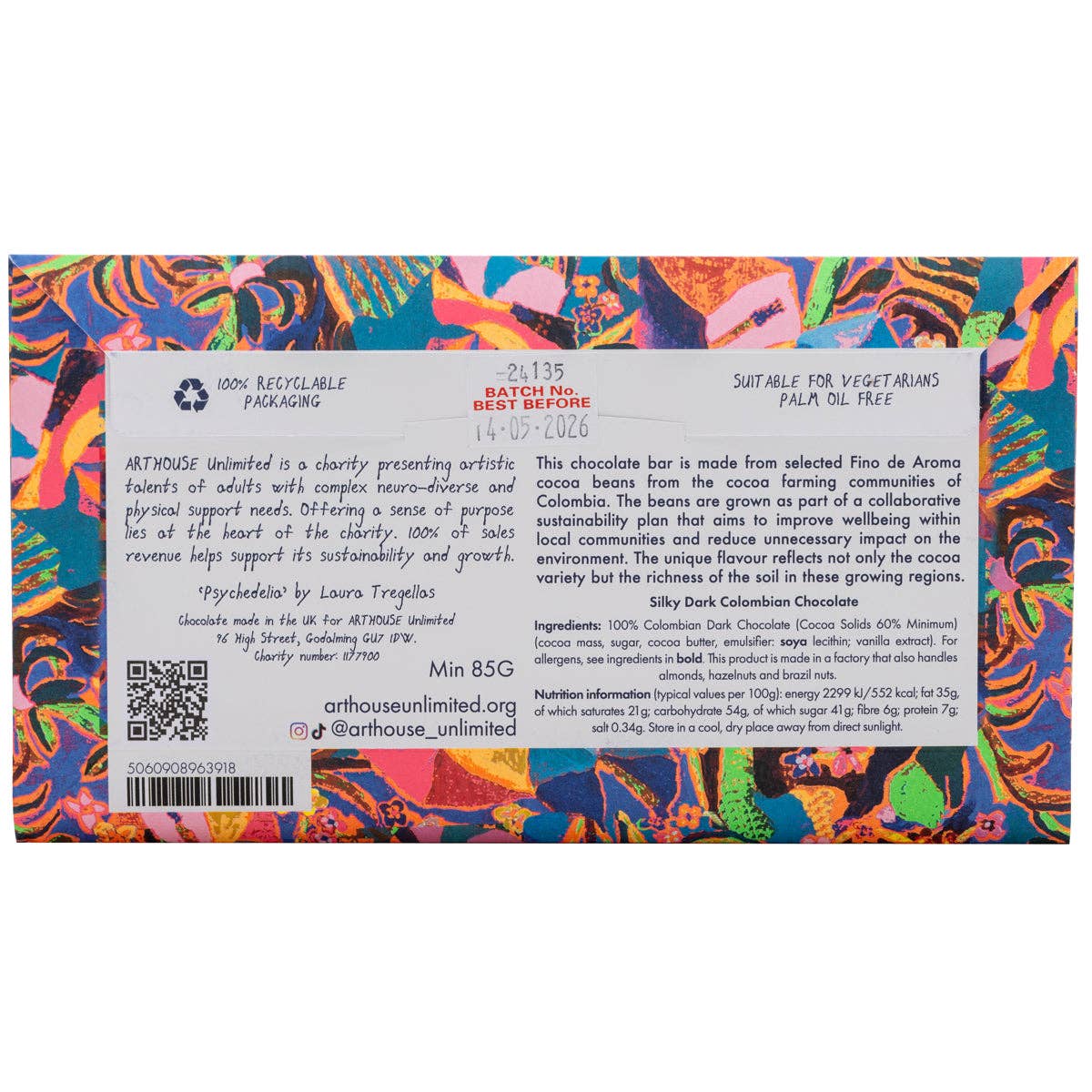 Arthouse Unlimited - Psychodelia, Silky Dark Colombian Chocolate Bar