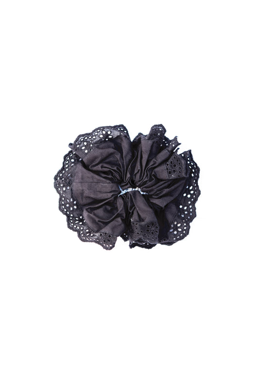 Damson Madder Frill Edge Scrunchie In Broderie - Black