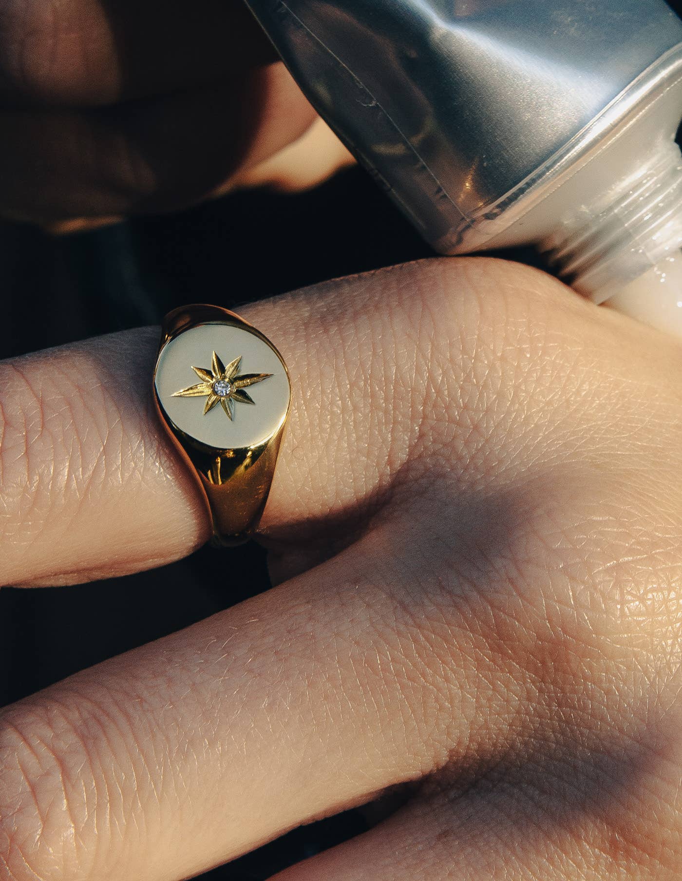 Nordic Muse - Gold Large Stone Embossed Signet Ring