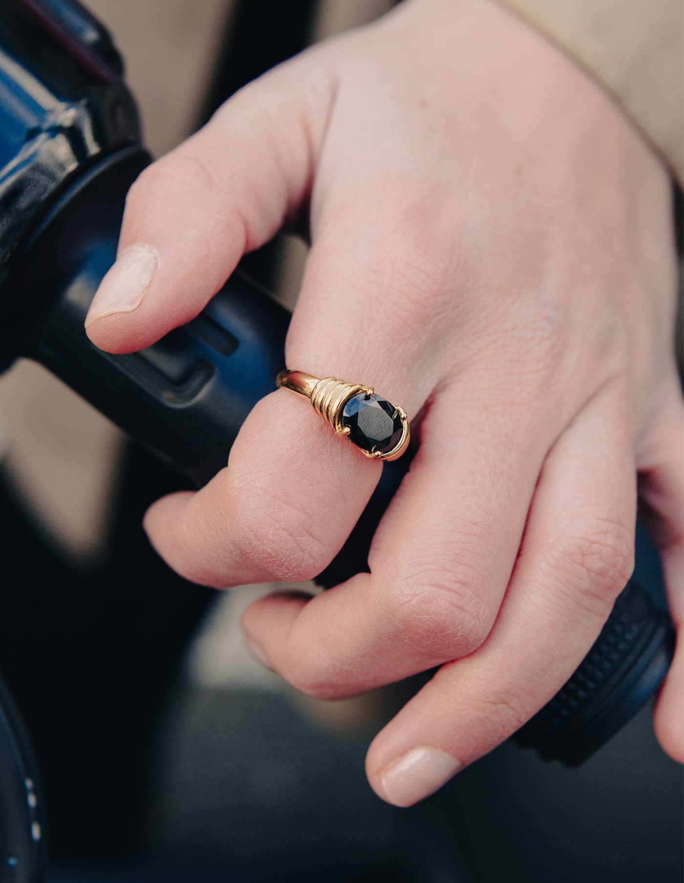 Nordic Muse - Gold Black Gemstone Raised Half Bezel Ring