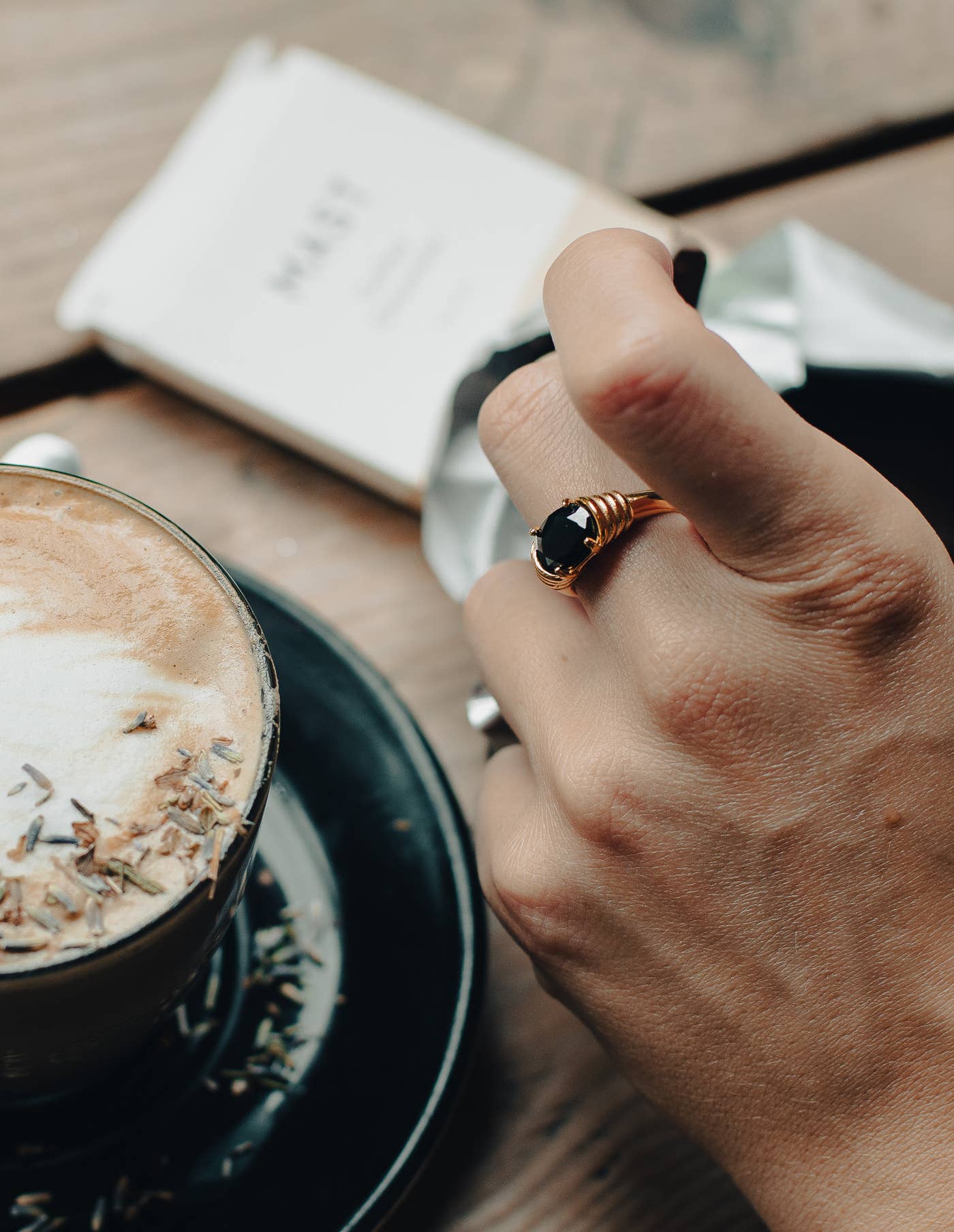 Nordic Muse - Gold Black Gemstone Raised Half Bezel Ring