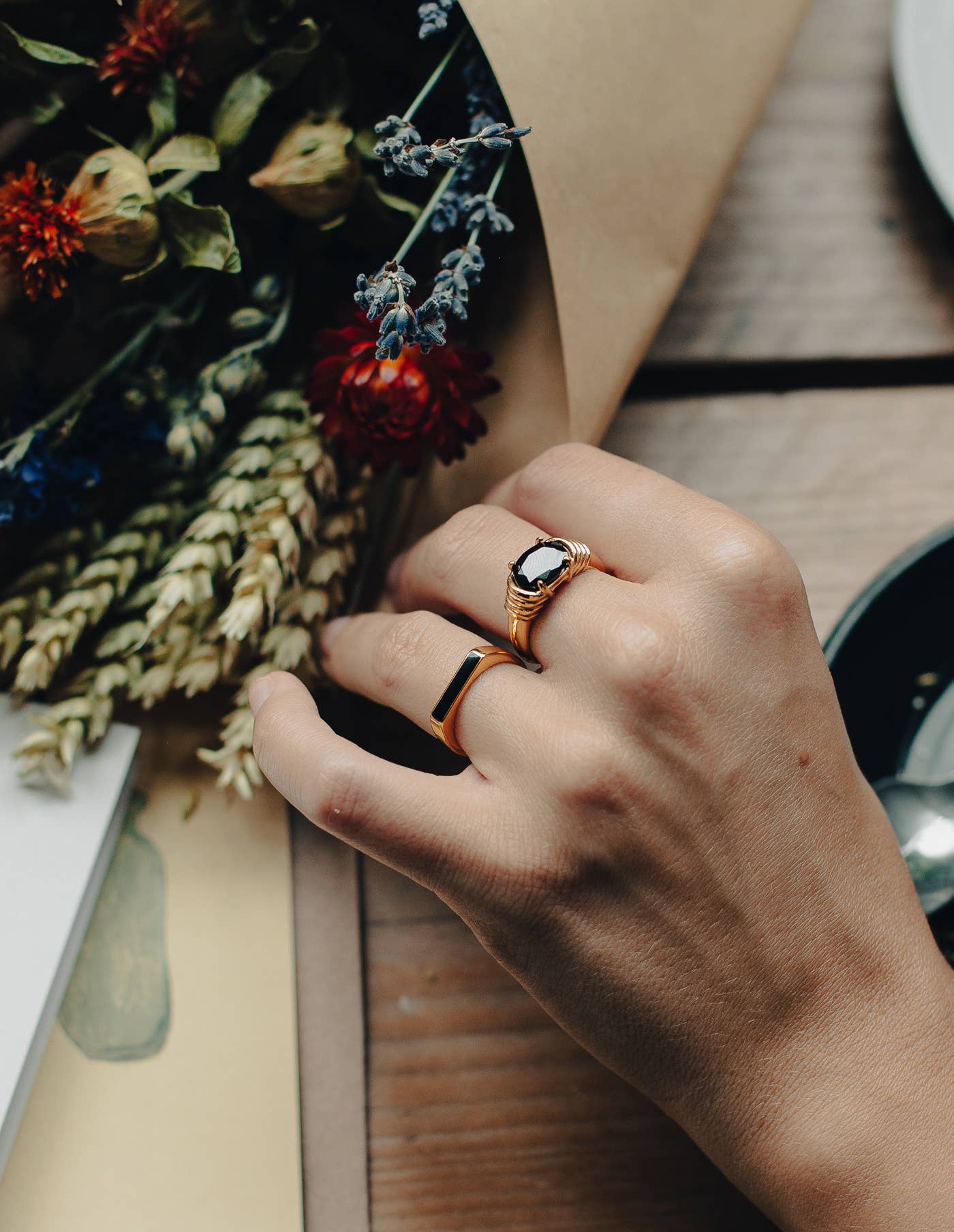 Nordic Muse - Gold Black Gemstone Raised Half Bezel Ring