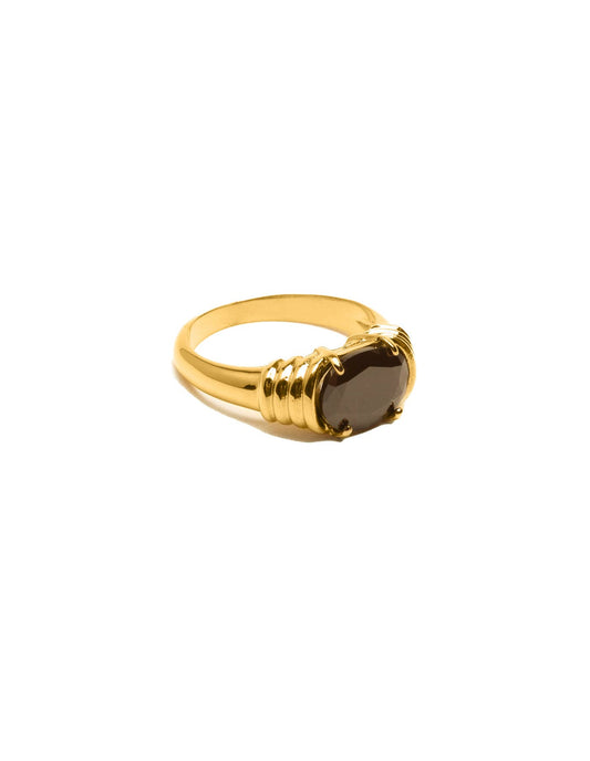 Nordic Muse - Gold Black Gemstone Raised Half Bezel Ring