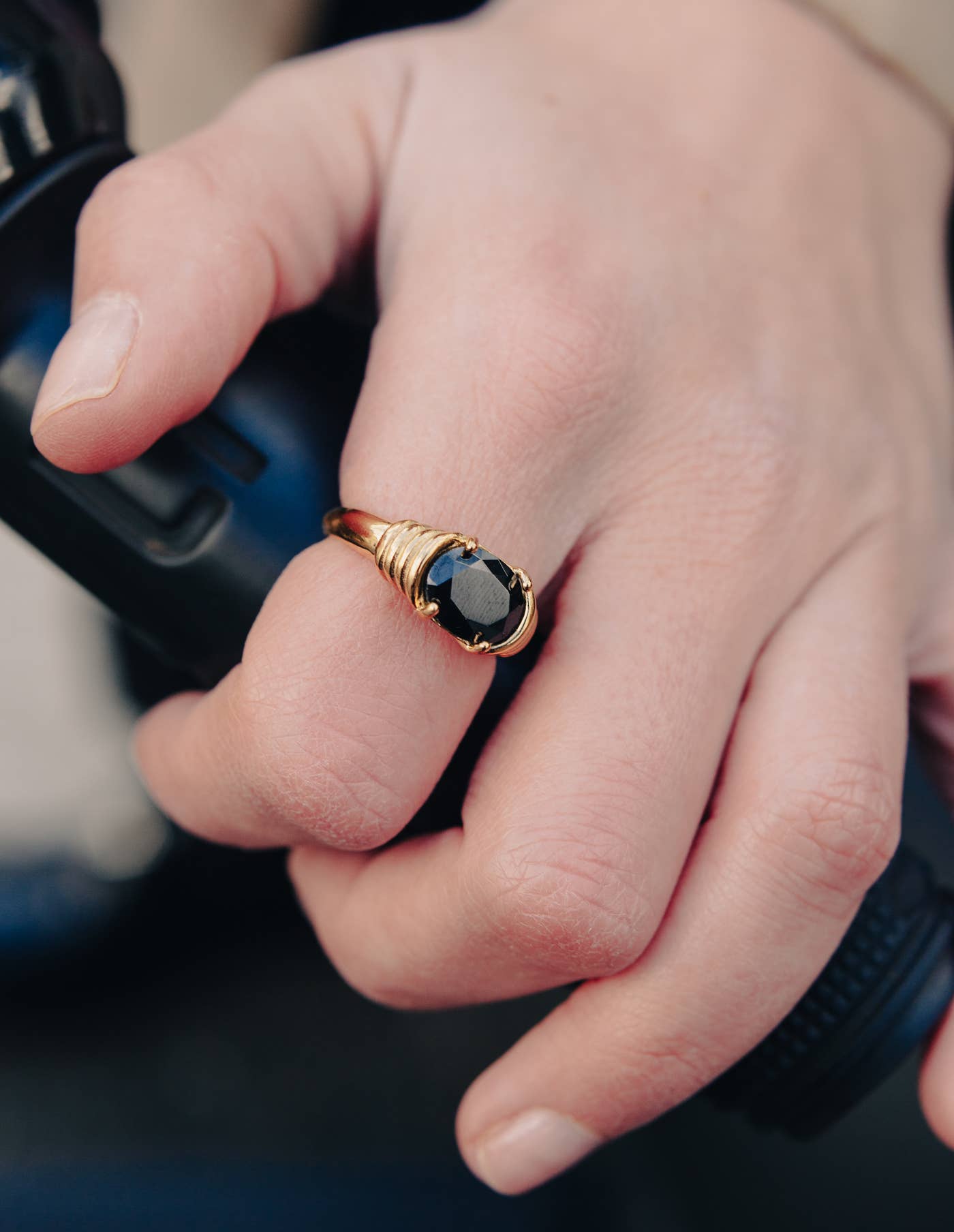 Nordic Muse - Gold Black Gemstone Raised Half Bezel Ring