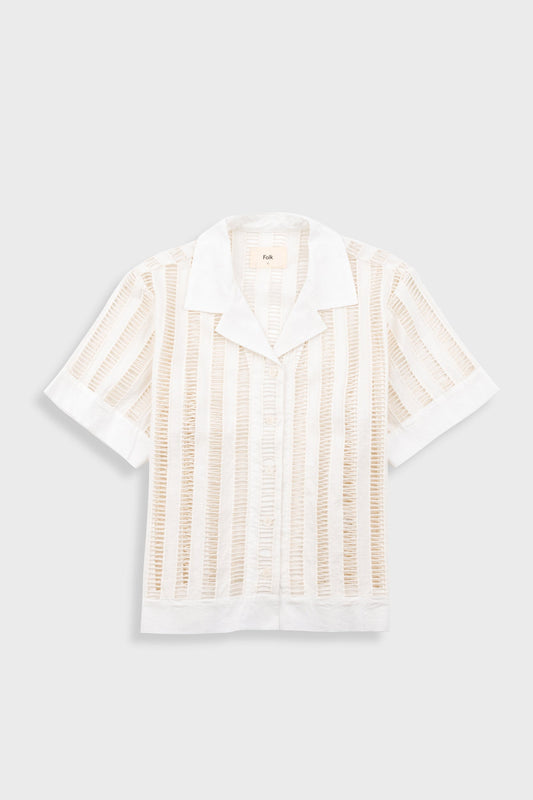 Folk - Short Sleeve Soft Collar Shirt - Ecru Ladder Embroidery