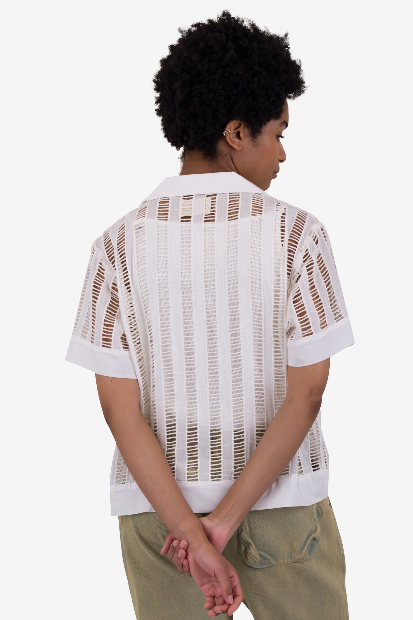 Folk - Short Sleeve Soft Collar Shirt - Ecru Ladder Embroidery