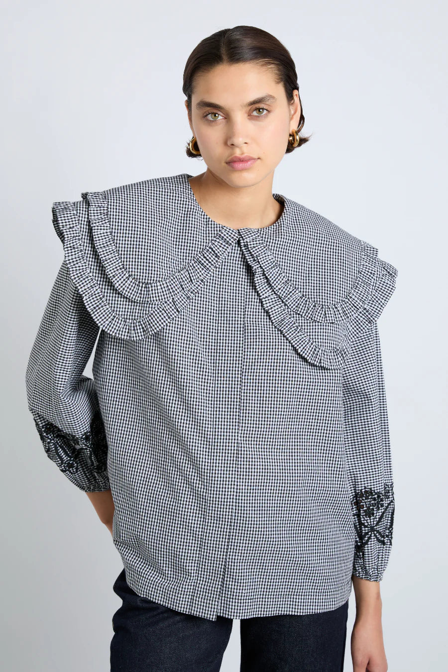 Damson Madder Lois Double Collar Blouse - Black Gingham