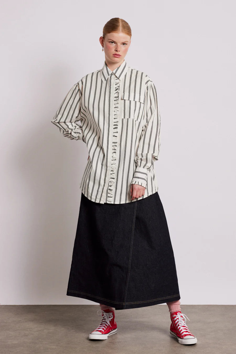 Damson Madder Kylie Ruffle Shirt - White Stripe