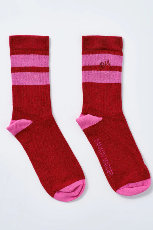 Damson Madder Calf Length Socks - Red / Pink Stripe