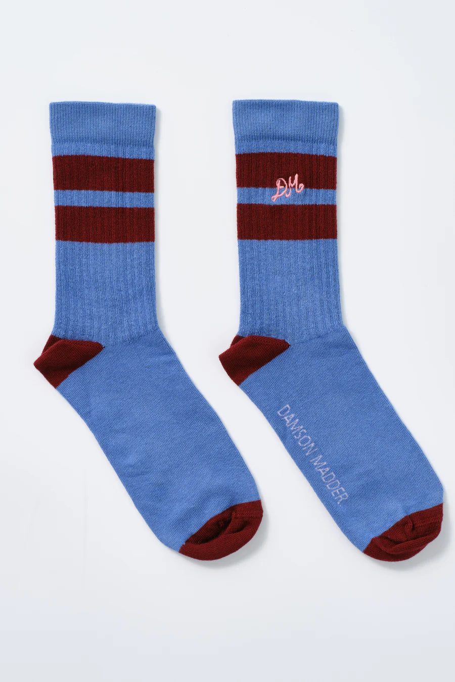 Damson Madder Calf Length Socks - Blue / Burg Stripe