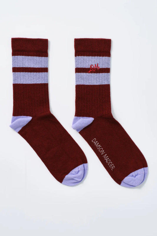 Damson Madder Calf Length Socks - Burg with Lilac Stripe