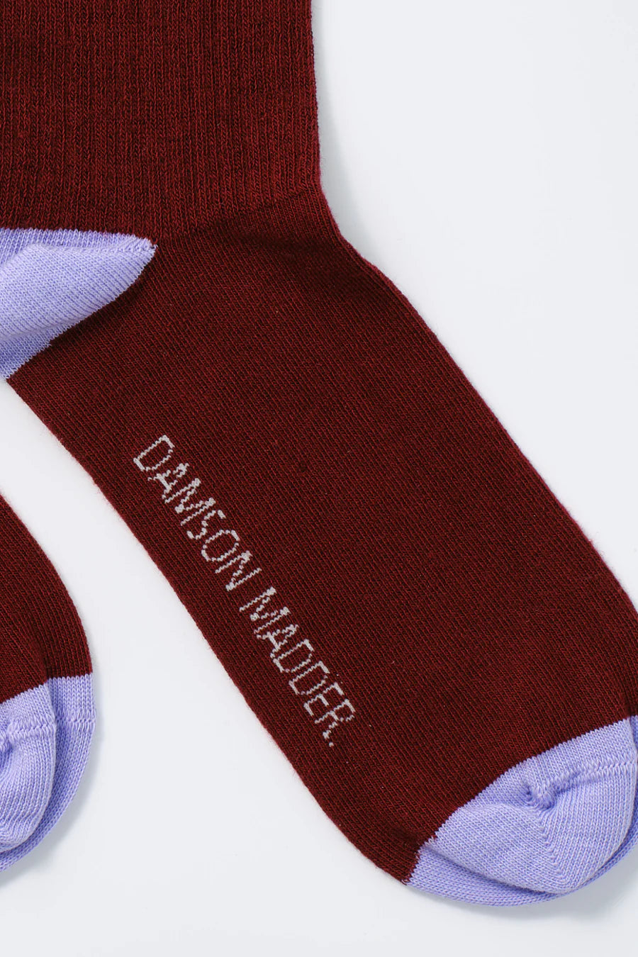 Damson Madder Calf Length Socks - Burg with Lilac Stripe