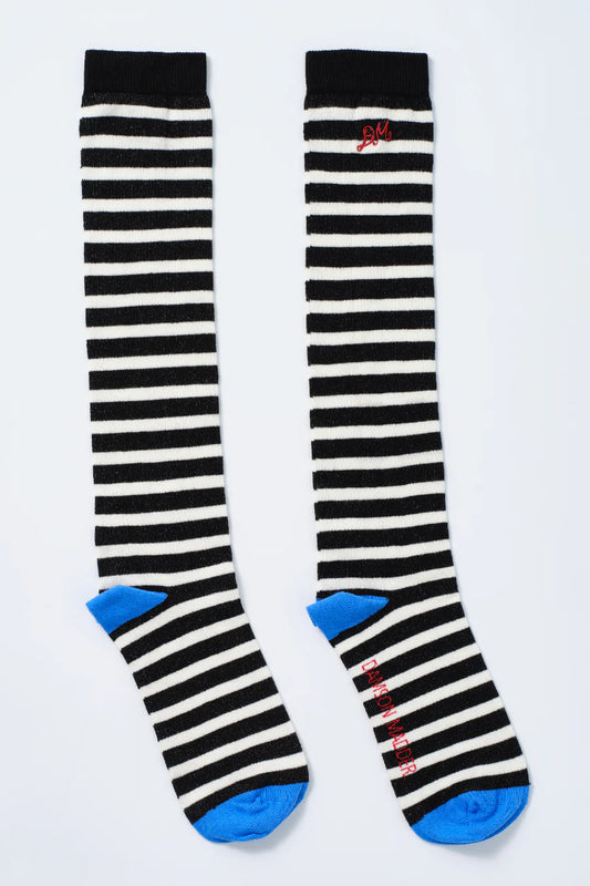 Damson Madder Knee Length Socks - Black & White Stripe