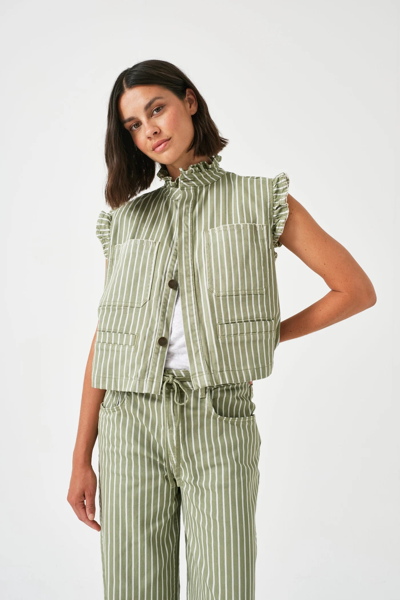 Seventy + Mochi - Pablo Waist Coat - Vintage Moss Wide Stripe