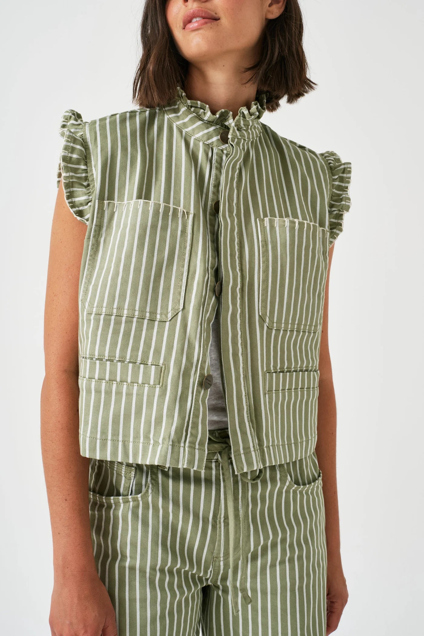 Seventy + Mochi - Pablo Waist Coat - Vintage Moss Wide Stripe