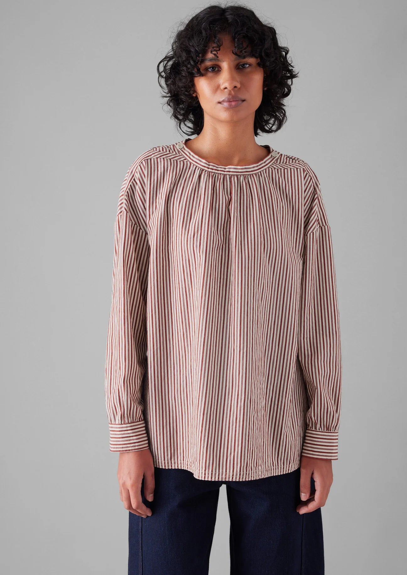 TOAST - Stripe Cotton Gathered Smock Top - Brick/Ecru