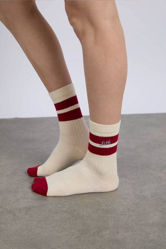 Damson Madder Sporty Calf Length Socks - Cream/Red Stripe