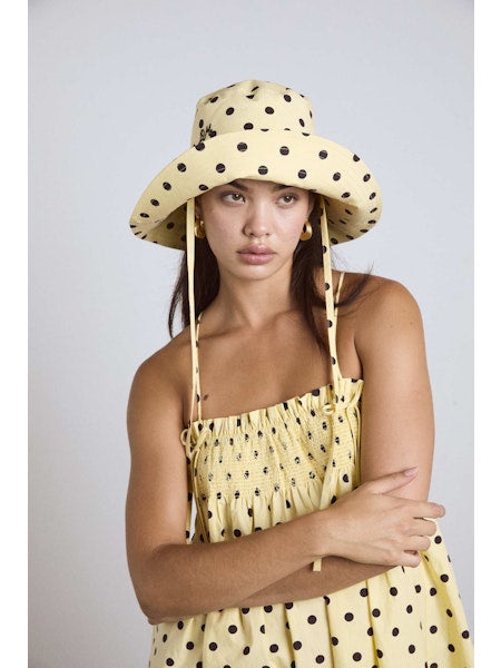 Damson Madder Sunhat - Butter Yellow & Black Polka Dot