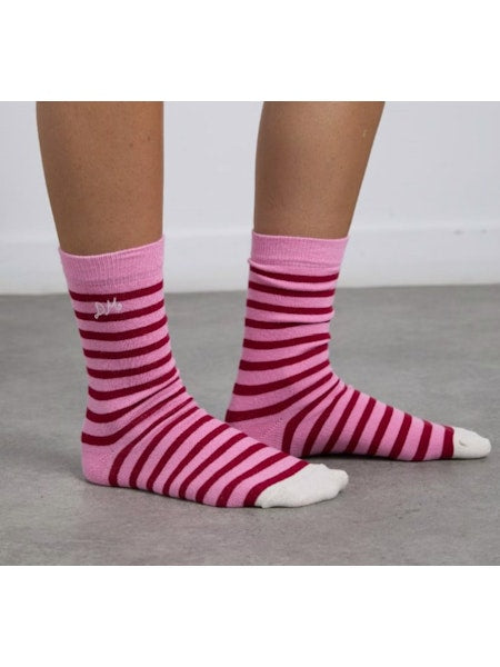 Damson Madder Knee Length Socks - Pink & Red Stripe