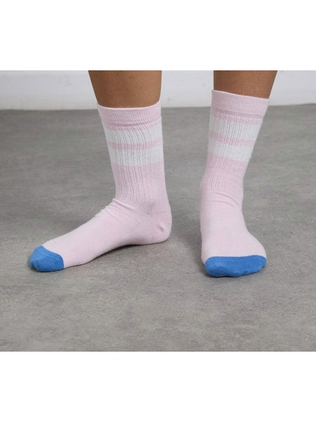 Damson Madder Sporty Calf Length Socks - Pink/Blue Stripe