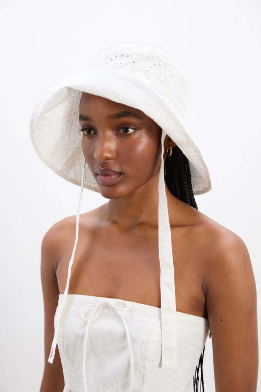 Damson Madder Lillian Broderie Sun Hat - White