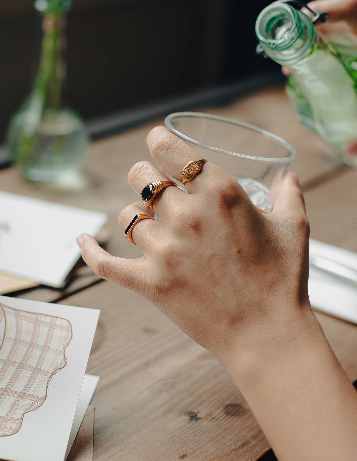 Nordic Muse - Gold Black Gemstone Raised Half Bezel Ring